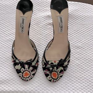 Jimmy Choo “Cairo” black leather & printed silk open toe sandal